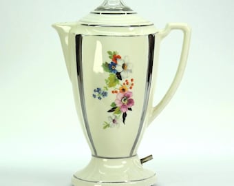 Vintage Porcelier Electric Coffee Percolator Art Deco Floral Porcelain Coffee Pot Complete Working Made in USA