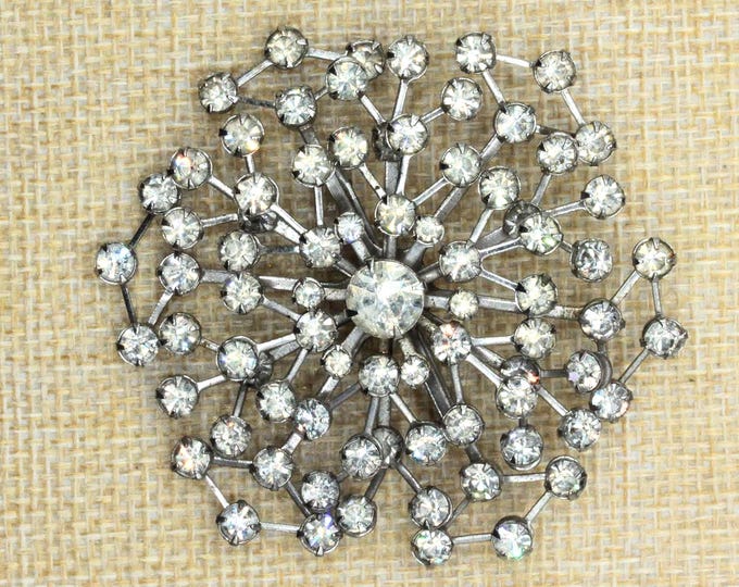 Vintage Atomic Starburst Rhinestone Brooch • Mid Century Modern Snowflake Pin • 2.5 Inch Silver Tone Costume Jewelry • 1960s