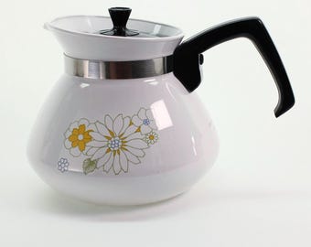 VINTAGE Corning Ware Floral Bouquet Teapot. 6-Cup Stovetop Coffee Pot. 1970s Retro Flower Design. Pyroceram Kettle.