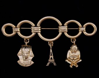 VINTAGE Travel Charm Brooch World Landmark Dangle Retro Revival Jewelry