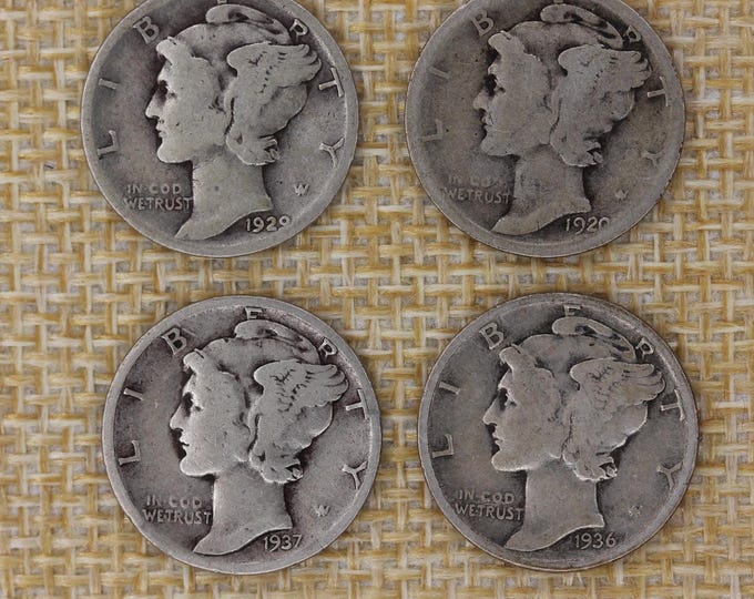 VINTAGE Mercury Dime Lot 1920-S 1929 1936 1937 Four 90% Silver US Coins