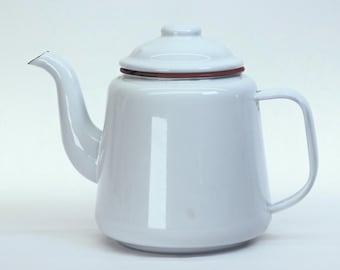 Classic White Enamel Tea Kettle with Red Rim.  Timeless Kitchen Design