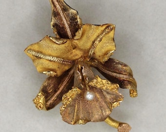 VINTAGE 18K Gold Bearded Orchid Brooch - Seed Pearl - Sculptural Botanical Flower Pin