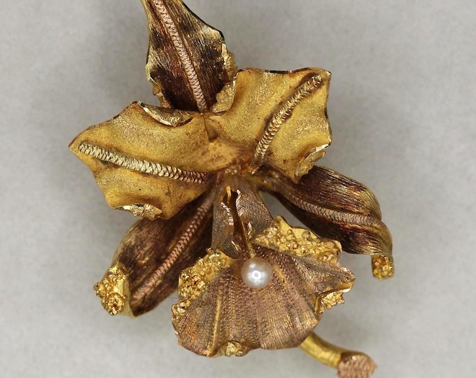 VINTAGE 18K Gold Bearded Orchid Brooch - Seed Pearl - Sculptural Botanical Flower Pin