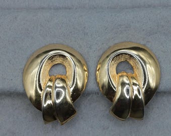 VINTAGE Two Tone Door Knocker Clip On Earrings, Gold & Silver Tone Statement Earrings, Modernist Jewelry, 1980s Fashion