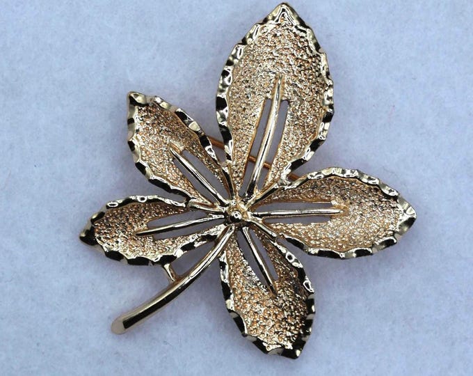 VINTAGE Sarah Coventry Goldtone Leaf Brooch • Textured Botanical Pin • Signed Sarah Cov • 1-3/4 Inch