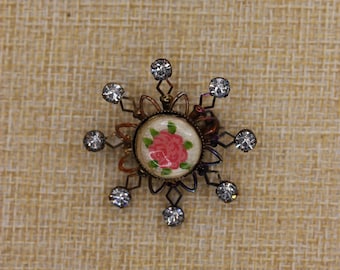 VINTAGE Atomic Floral Rhinestone Starburst Brooch Hand Painted Rose