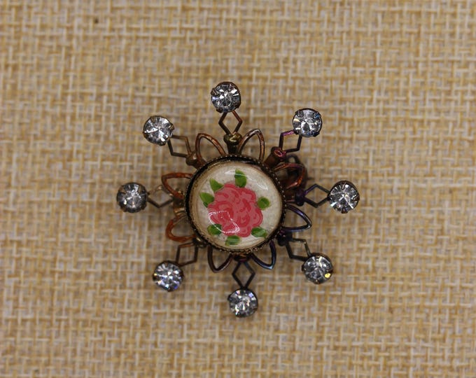 VINTAGE Atomic Floral Rhinestone Starburst Brooch Hand Painted Rose