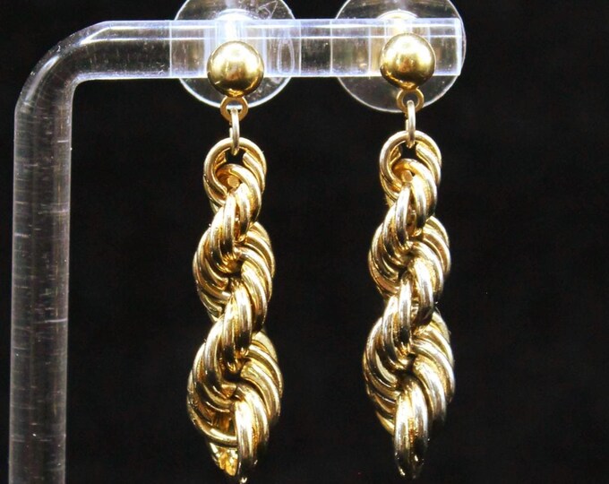 VINTAGE Gold Tone Twist Earrings. 1980s Rope Dangle Posts.
