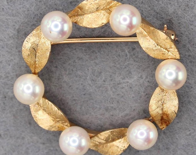 VINTAGE 14K Gold Cultured Pearl Wreath Brooch 1-1/4 Inch