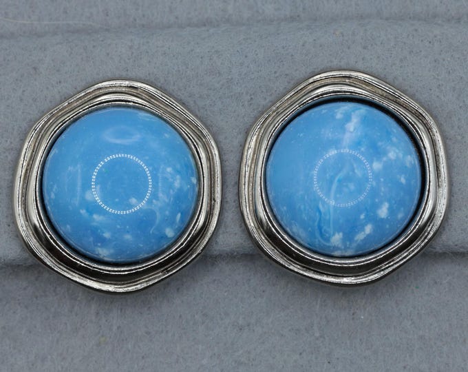 VINTAGE Liz Claiborne Blue Cabochon Clip Earrings • Silver Tone Statement Earrings • Designer Fashion Jewelry