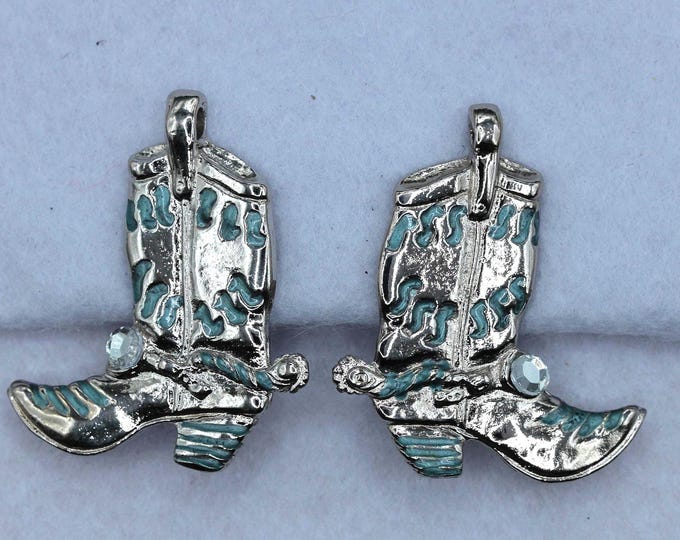 Vintage Cowboy Boot Clip-On Earrings, Western Cowgirl Earrings, Turquoise Enamel Boots, Southwestern Costume Jewelry, Rodeo Style