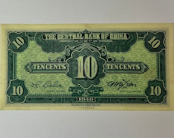 10 Cents Chinese Banknote. WWII. The Central Bank of China