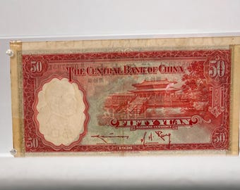 VINTAGE 1941 Chinese Banknote Display. Central Bank of China 50 Yuan. Sun Yat-sen Portrait. Temple Reverse. WWII Shanghai Souvenir