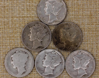 VINTAGE 1940 Mercury Dimes Lot of 6 – 4 Denver, 1 San Francisco + Worn Silver Dime – 90% Silver US Coins