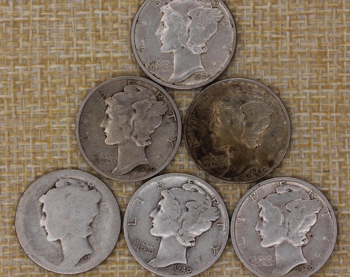 VINTAGE 1940 Mercury Dimes Lot of 6 – 4 Denver, 1 San Francisco + Worn Silver Dime – 90% Silver US Coins