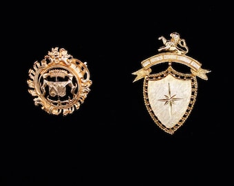 VINTAGE Heraldic and Crest-Inspired Brooches. Gold Tone Pins with Academic Flair