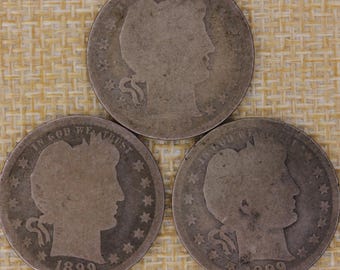 VINTAGE 1899 Barber Quarters Lot of 3 – 90% Silver US Coins – Turn of the Century