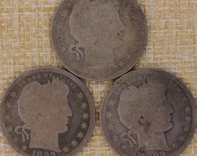 VINTAGE 1899 Barber Quarters Lot of 3 – 90% Silver US Coins – Turn of the Century