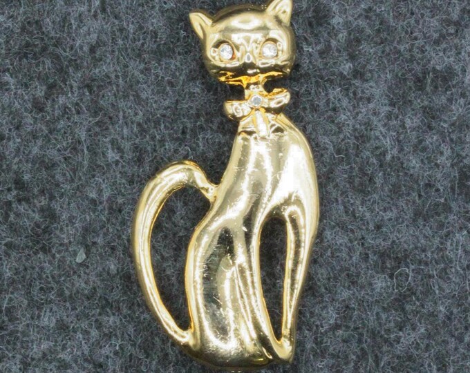 VINTAGE Gold Tone Stylized Cat Brooch • Rhinestone Eyes & Bow • Figural Kitty Pin