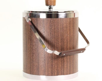 VINTAGE Kromex Ice Bucket with Wood Handle and Lid Knob. Faux Woodgrain. Made in USA.