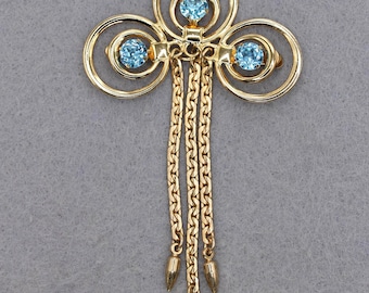 VINTAGE Atomic Gold Tone Brooch - Aqua Blue Rhinestones - Mid Century Modern