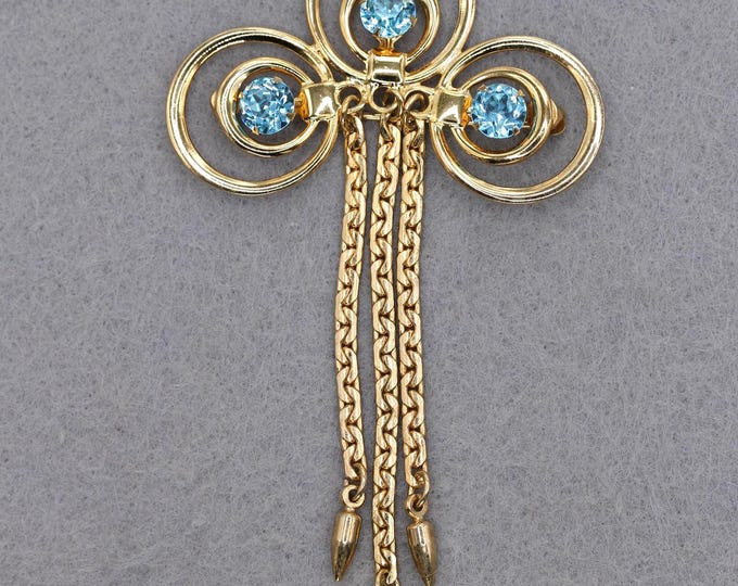 VINTAGE Atomic Gold Tone Brooch - Aqua Blue Rhinestones - Mid Century Modern