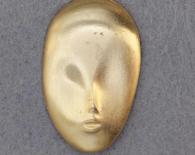 VINTAGE Modernist Abstract Face Brooch Satin Gold Tone Figural Pin