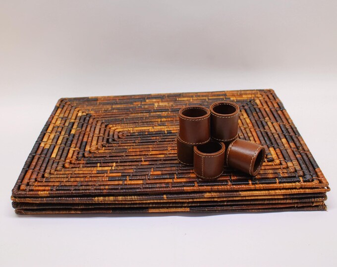 TIMELESS Straw Placemats with Leather Napkin Rings. 12 pc Set.