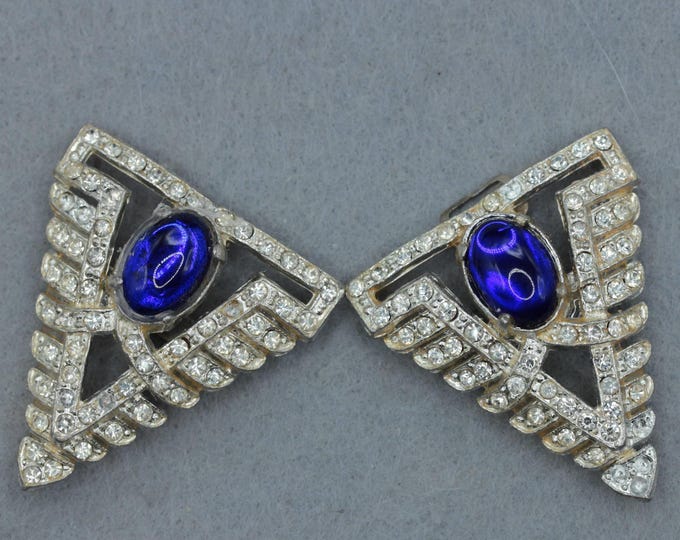 VINTAGE Rhinestone Collar Tips • Blue Cabochon Shirt Collar Clips • 1980s Statement Collar Jewelry • Power Dressing Accessories