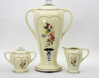 VINTAGE Porcelier Electric Coffee Percolator Urn Set Floral Porcelain Sugar Bowl Creamer Made in USA