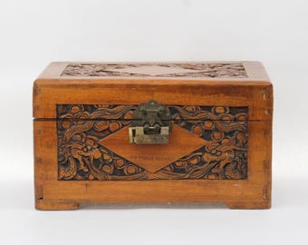 VINTAGE Carved Wood Dragon Keepsake Box 1930s 1940s Small Chest with Brass Lock Family Heirloom