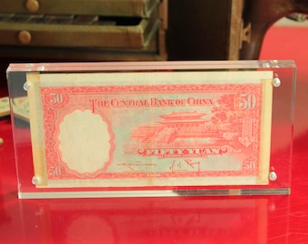 VINTAGE 1936 Central Bank of China 50 Yuan Banknote. Sun Yat-sen. WWII Shanghai Provenance. Framed Display. Free US Shipping