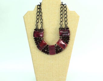 Vintage Burgundy Statement Necklace • Marbled Acrylic Panels • Faceted Beads • Gunmetal Chain • Bold Fashion Jewelry