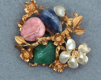 Vintage CORO Floral Brooch • Natural Stone & Pearl Gold Tone Botanical Pin • 1960s 1970s Garden Jewelry
