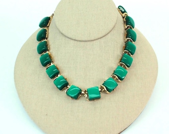 Vintage Coro Green Lucite Style Cabochon Necklace • Gold Tone Link Necklace • Mid Century Costume Jewelry