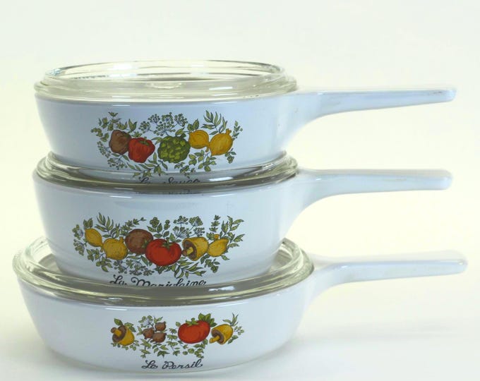 VINTAGE Corning Ware Spice of Life 6-Piece Skillet & Saucepan Set – P-81-B, P-82-B, P-83-B with Glass Lids – Made in USA