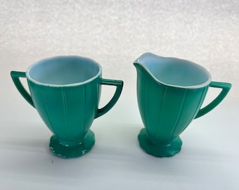 MCM Hazel Atlas Platonite Creamer and Open Sugar Bowl. Jade Green.