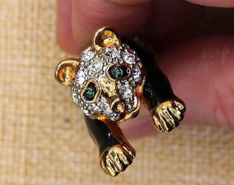 VINTAGE Rhinestone Panda Bear Brooch Emerald Green Eyes Black Enamel Gold Tone Pin