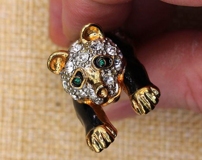 VINTAGE Rhinestone Panda Bear Brooch Emerald Green Eyes Black Enamel Gold Tone Pin