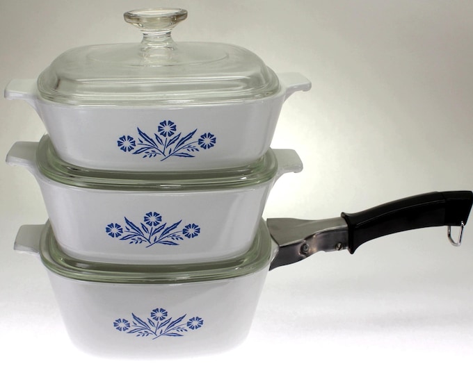 VINTAGE CorningWare 7-piece Set. Three Casseroles with Lids and 1 Handle. Blue Cornflower.