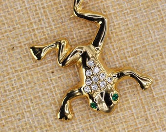 VINTAGE Leaping Frog Brooch - Green Rhinestone Eyes