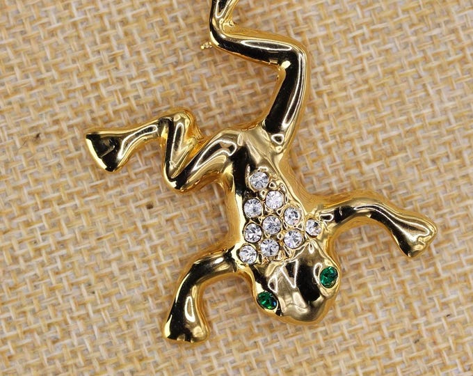 VINTAGE Leaping Frog Brooch - Green Rhinestone Eyes