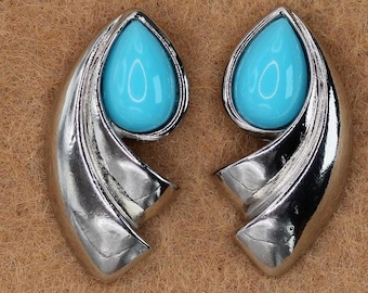 VINTAGE Silver Tone Turquoise Blue Teardrop Post Earrings