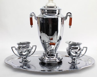 VINTAGE Forman Bros. Chrome Coffee Urn Set – Electric Percolator with Tray, Creamer & Sugar – MCM Chromium-Plated Brass