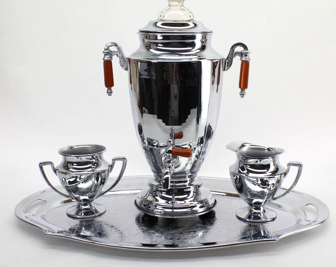 VINTAGE Forman Bros. Chrome Coffee Urn Set – Electric Percolator with Tray, Creamer & Sugar – MCM Chromium-Plated Brass