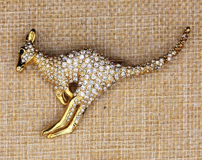 VINTAGE Rhinestone Kangaroo Brooch Gold Tone Pave Crystal Animal Pin
