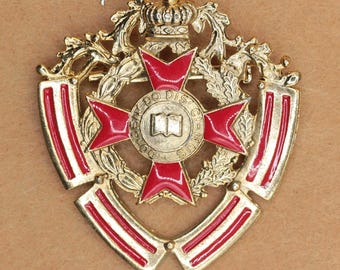 VINTAGE Heraldic Crest Brooch • Red Enamel Cross • Latin Motto Statement Pin • Academic Prep Style