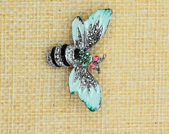 VINTAGE Gerry's Enamel Wasp Brooch • Mint Green Bee Pin • Rhinestone Insect Brooch • Nature Jewelry