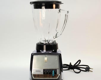 VINTAGE Sunbeam Mixmaster 5 Speed Blender Chrome Faux Woodgrain Base New Glass Jar Retro Kitchen Bar